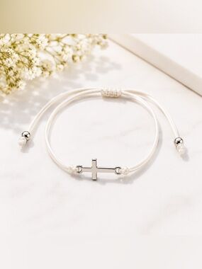 Silver Cross Cord Bracelet in White